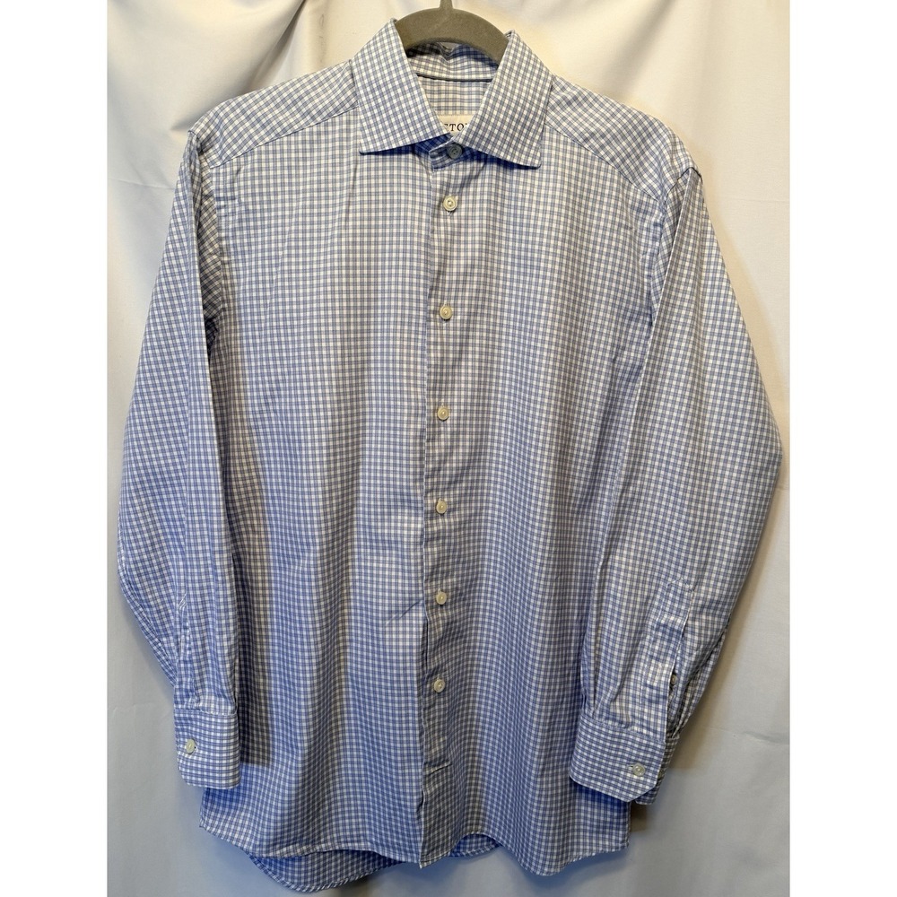 Eton Men's Size 39 15.5 Medium Blue Gingham Slim Fit Dress Shirt 100% Cotton